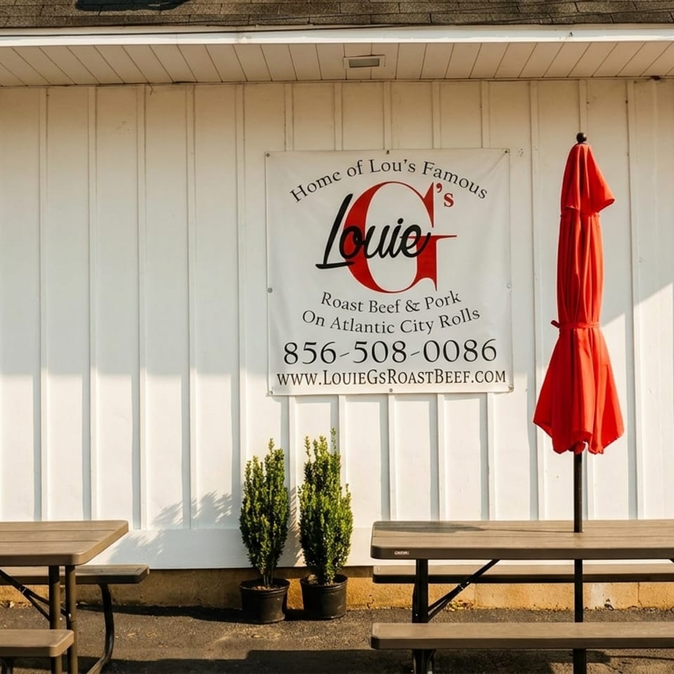 Louie G's Roast Beef sign on a white building with picnic tables and a red umbrella.