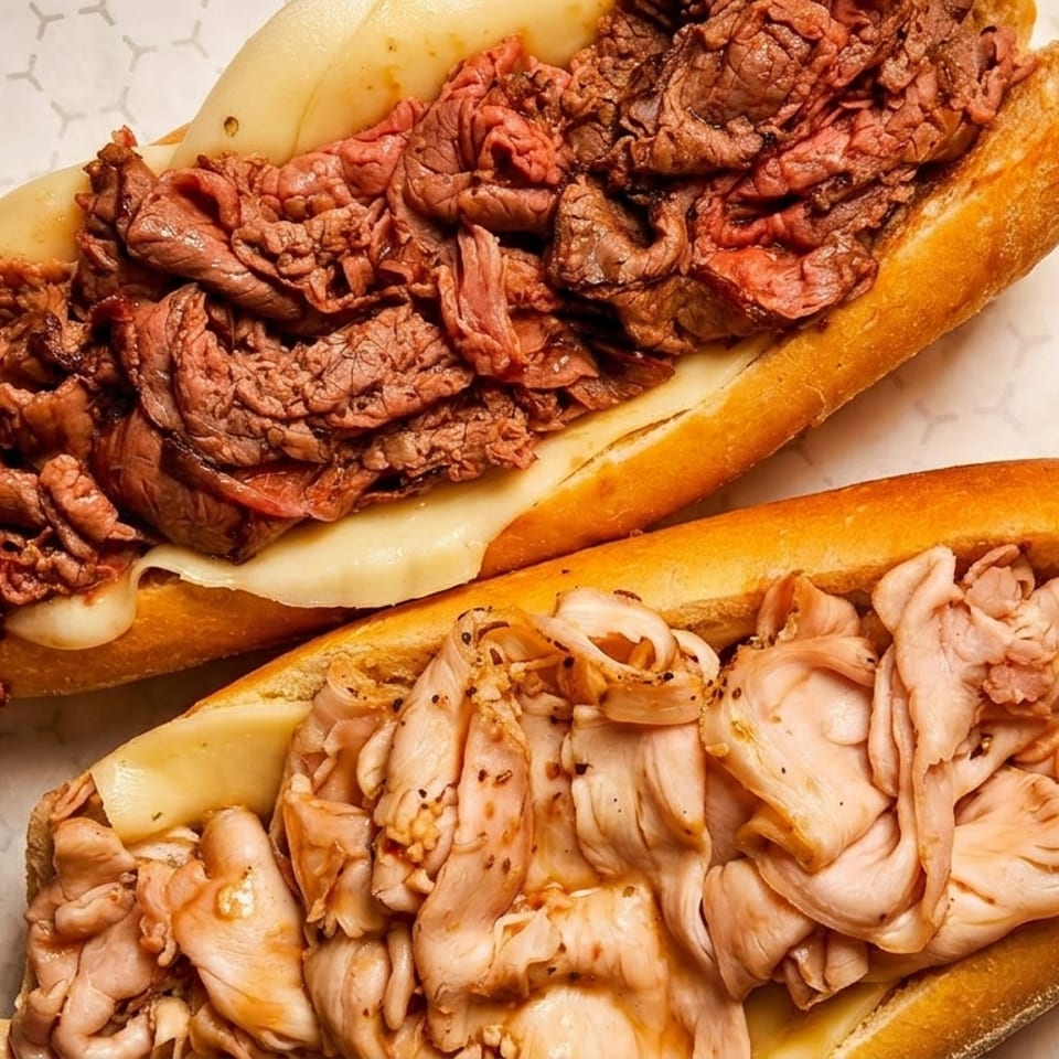 Two delicious subs, one with roast beef and the other with turkey, on a white patterned surface.