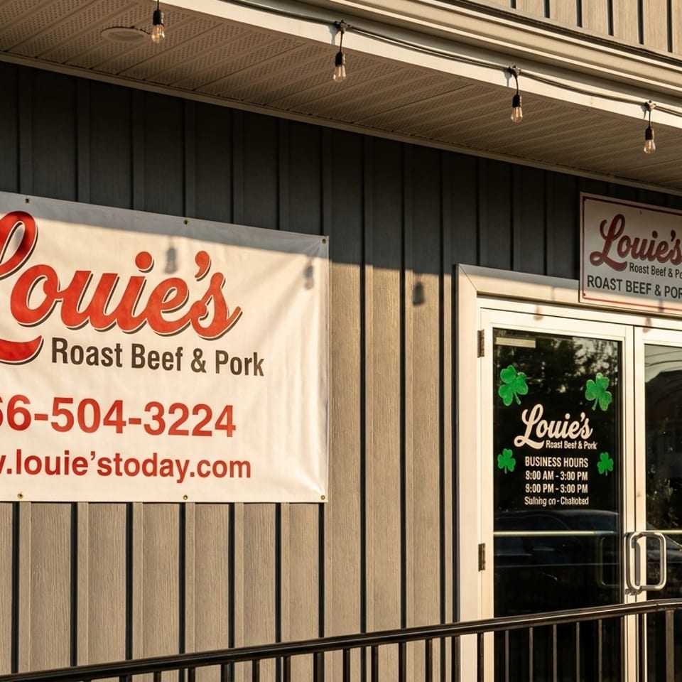 Exterior of Louie's Roast Beef & Pork restaurant with signs and business hours on the door.