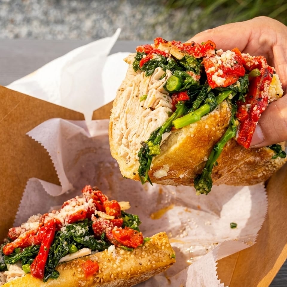 A hand holds a large sandwich filled with meat, greens, and sun-dried tomatoes over a takeout box.