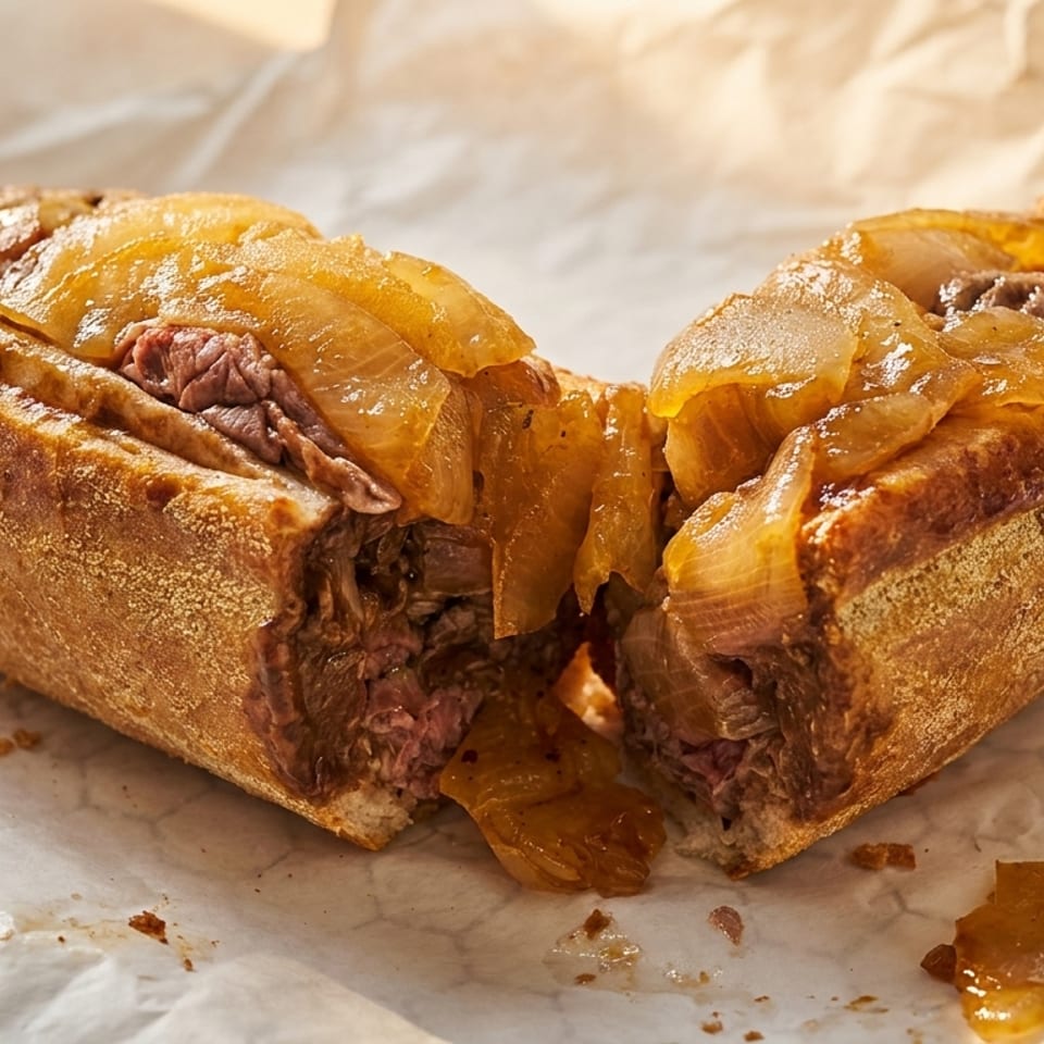 A French dip sandwich, cut in half, filled with roast beef and caramelized onions on parchment paper.