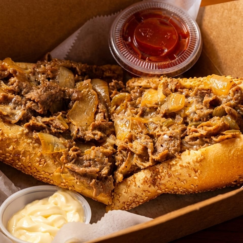 Cheesesteak sandwich with steak, onions, and cheese in a paper tray with ketchup and mayonnaise.