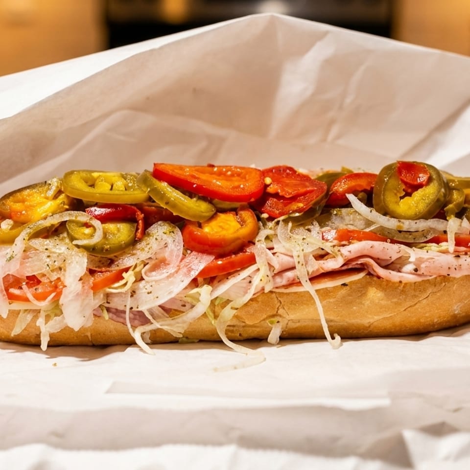 A large deli sub sandwich with meats, cheeses, tomatoes, onions, and jalapeños in white paper.