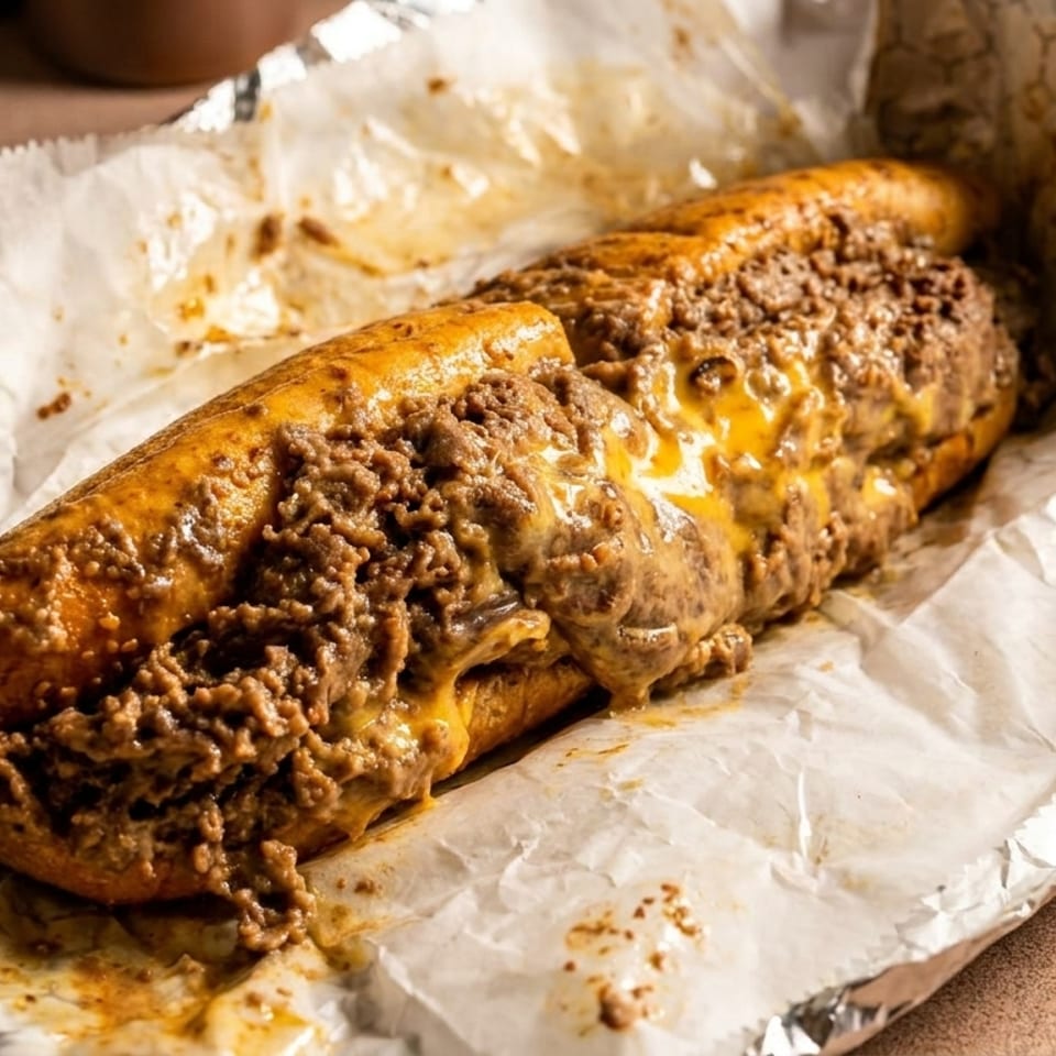 A delicious cheesesteak sandwich, overflowing with meat and melted cheese, wrapped in foil and paper.