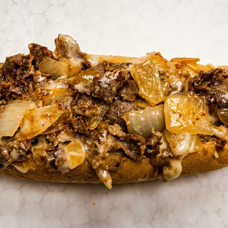 A close-up of a Philly cheesesteak sandwich, filled with steak, melted cheese, and caramelized onions.