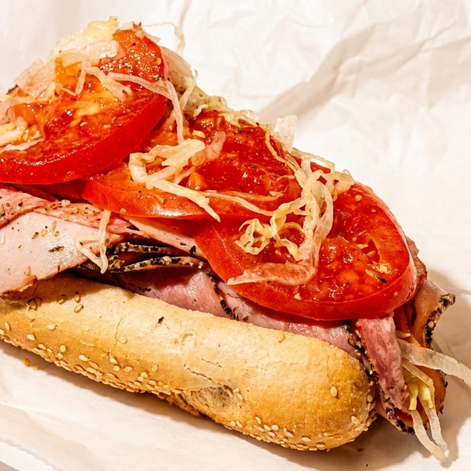 Close-up of a deli sandwich with sliced meats, tomatoes, and onions on a sesame seed roll.