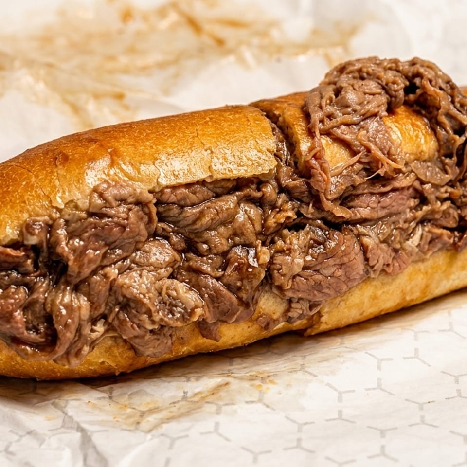 A large, juicy beef sandwich on a golden-brown bun, resting on white paper.