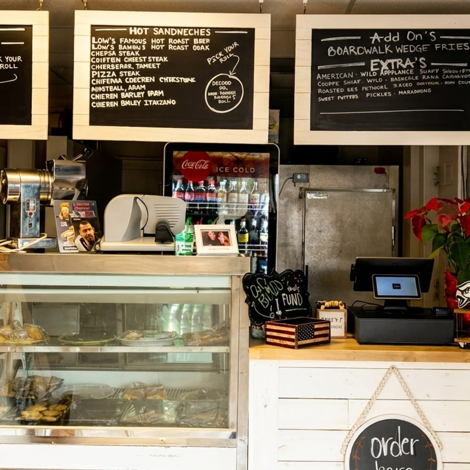 A deli counter with chalkboards listing sandwiches, sides, and desserts, with a display case of food.