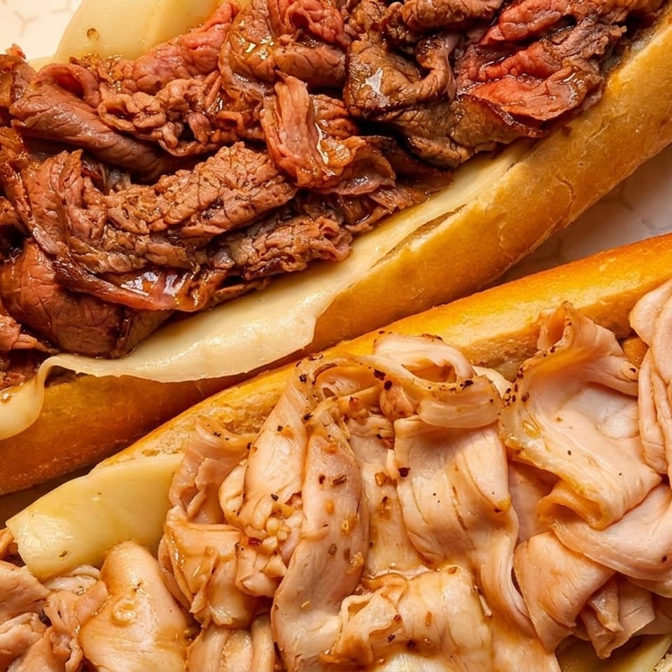 Two delicious subs, one with sliced roast beef and cheese, the other with turkey and cheese.