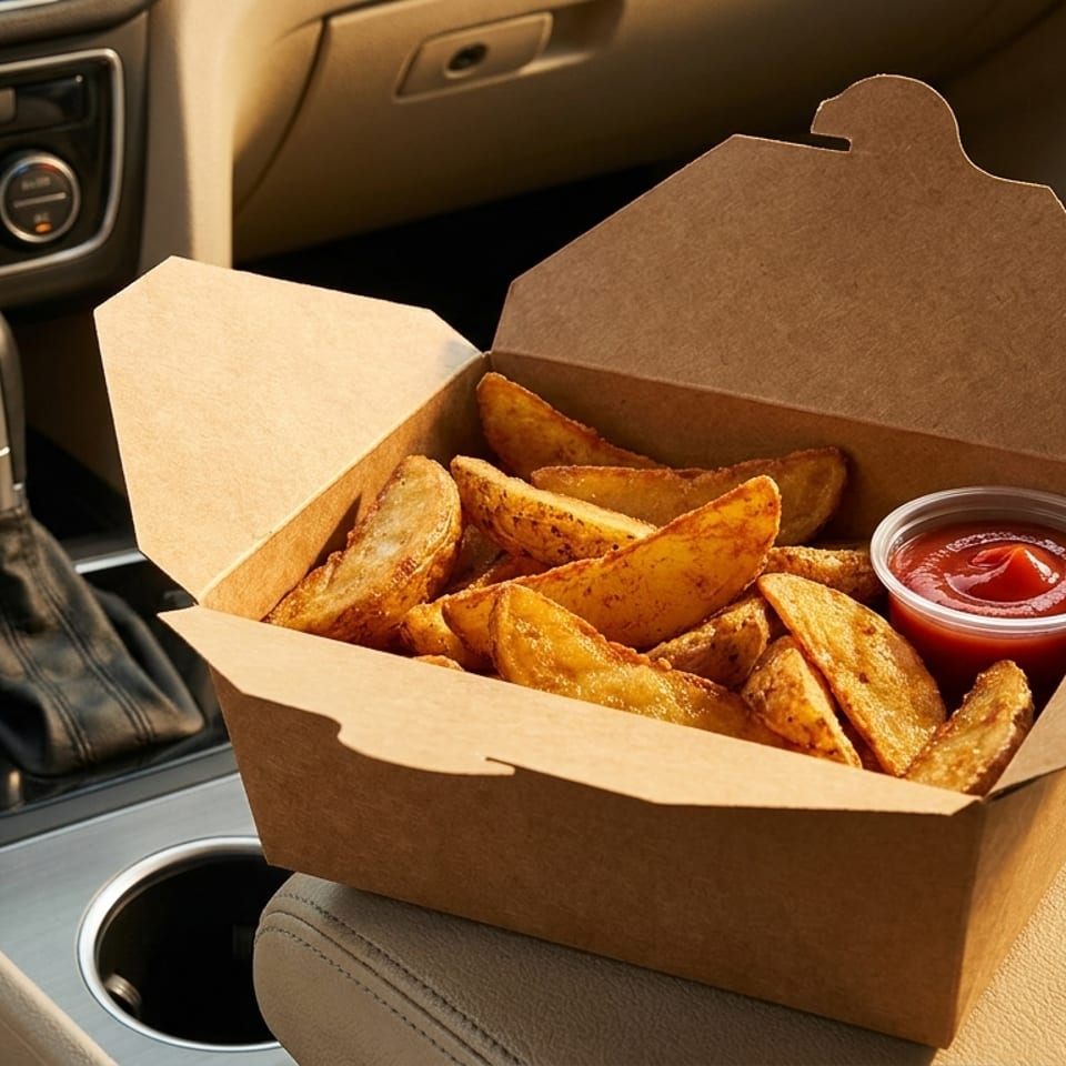 Crispy potato wedges in a brown takeout box with ketchup, resting on a car's center console.
