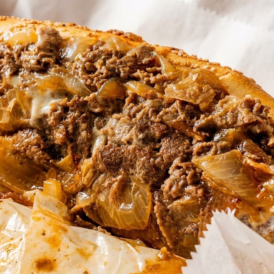 Close-up of a delicious cheesesteak sandwich with steak, onions, and melted cheese on a sesame seed roll.