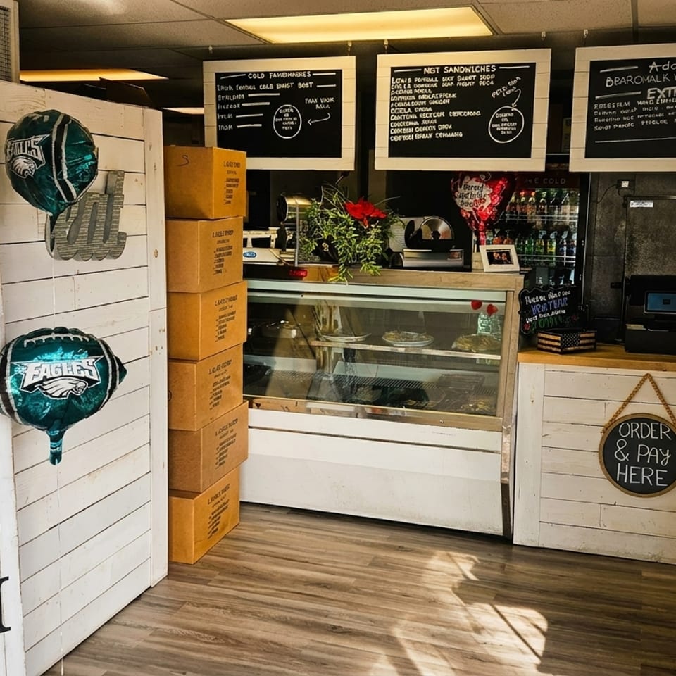Interior of a casual restaurant with a deli counter, menu boards, and Eagles football decorations.